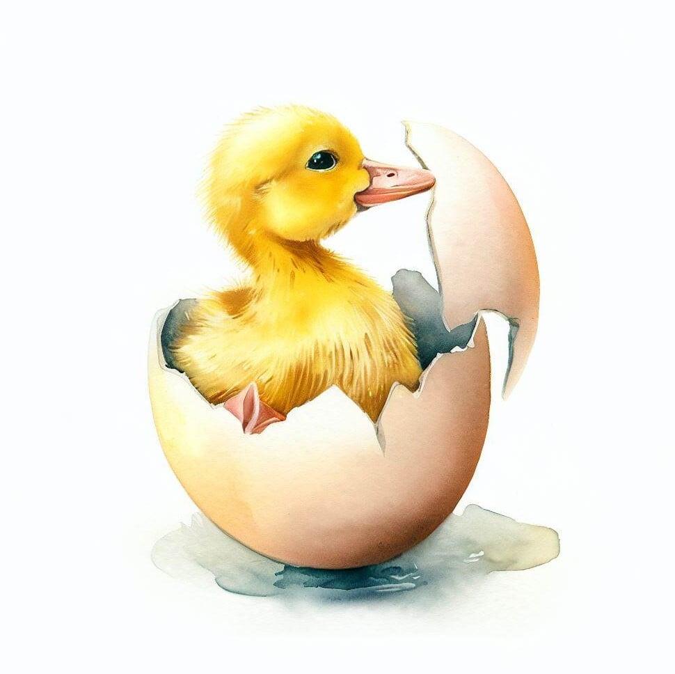 A watercolor depiction of a yellow duckling hatching out of an egg.