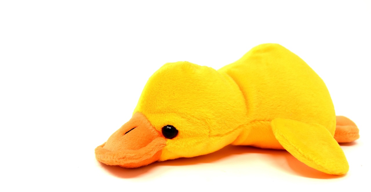 a small duck stuffed animal, orange and yellow, laying down